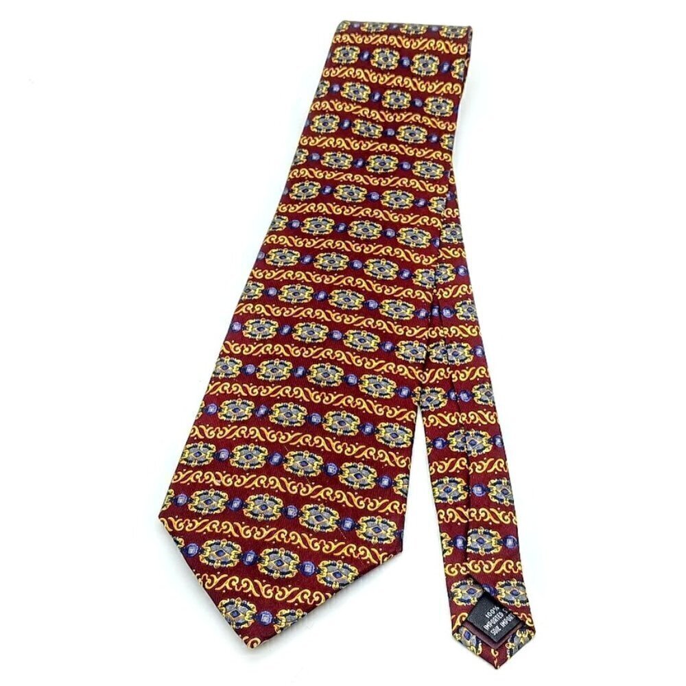 Christian Dior Cravate Red Blue Gold Print Silk Tie
